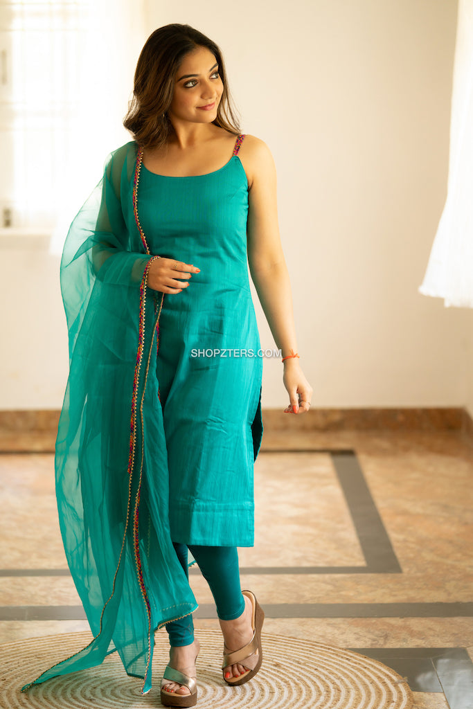 Teal Chanderi Silk Kurti With Dupatta