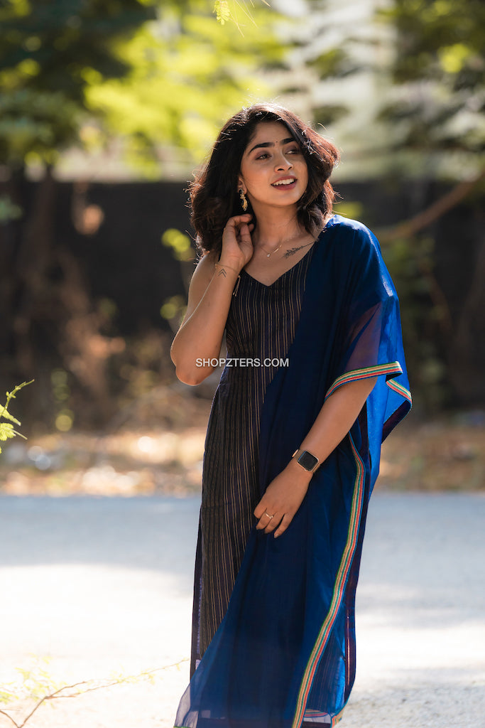 Navy Blue Chanderi silk cotton sleeveless Kurti with Dupatta